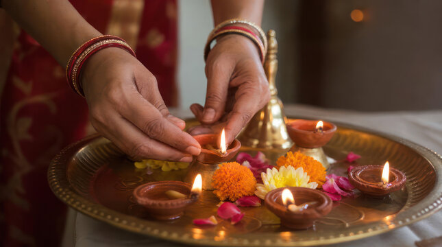 Woman lighting diyas for Diwali festival celebration 1.