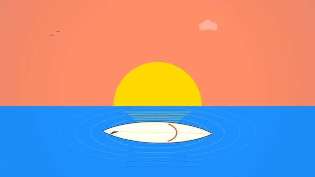 Minimalist Sunset Ocean with Surfboard Illustration