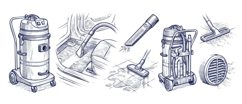 Industrial vacuum cleaner engraving illustration set featuring professional shop vacuum tools, car detailing equipment, nozzle attachments, and floor squeegee icons for commercial cleaning businesses.