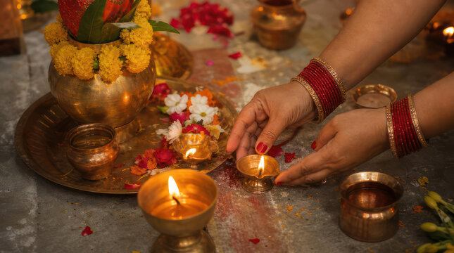 Woman lighting oil lamps for Hindu religious ceremony.