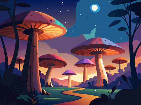 Enchanted Fairy Tale Forest Scene with Oversized Mushrooms and Cosmic Sky, Vector Illustration