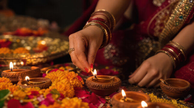 Woman lighting traditional diyas during festival of lights celebration.