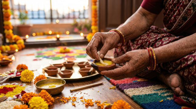 Woman preparing diyas for Diwali festival celebration at home.