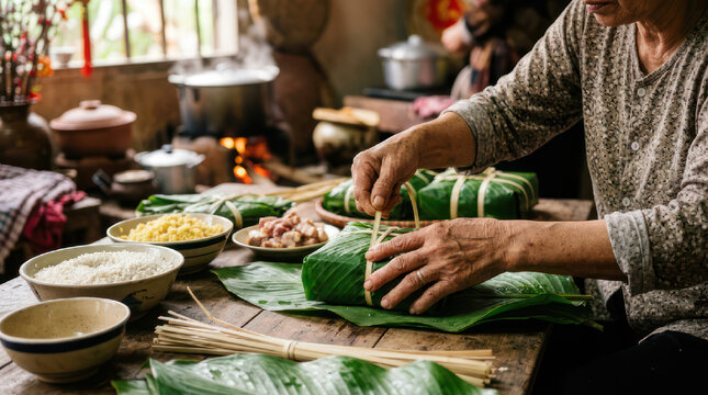 Woman preparing traditional Vietnamese food wrapped in banana leaves.