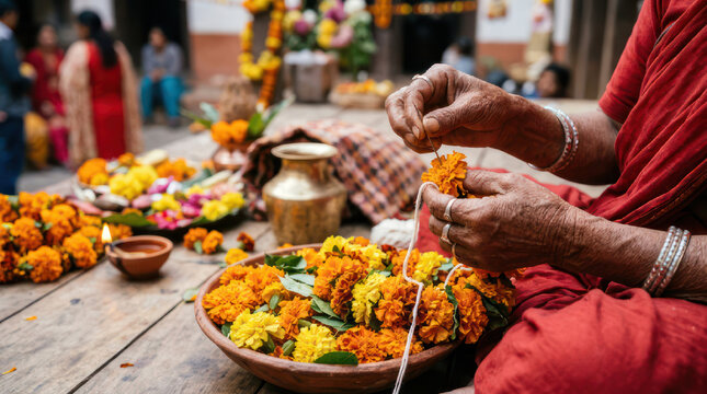 Womans Hands Crafting Flower Garlands with Marigolds and Other Blooms.