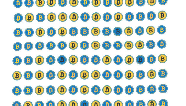 Repeated pattern of blue and yellow cryptocurrency Bitcoin coins displayed on a clean white background.