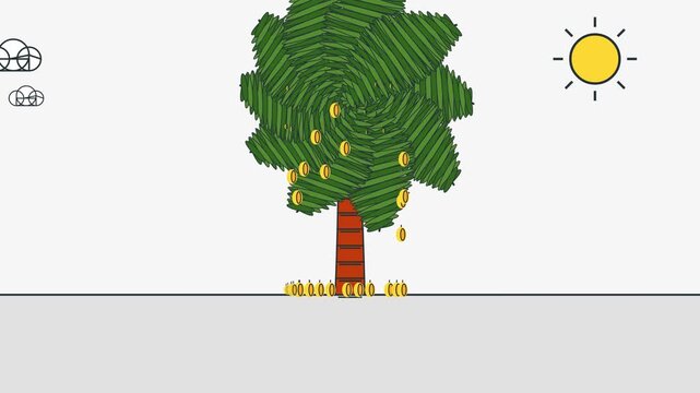Cartoon money tree with falling gold coins for business concept