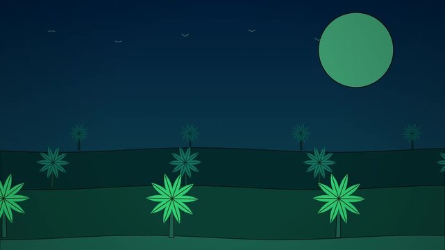 Minimalist Vector Night Landscape with Full Moon and Palm Trees
