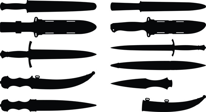 Various knives and daggers arranged together on a white background