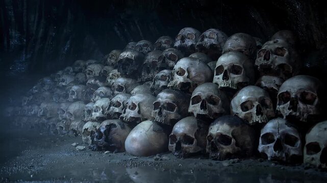 Mysterious dark cave with eerie human skulls stacked in rows symbolizing death and history