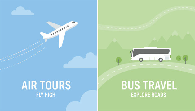 Travel agency ad banner divided into two sections showing air plane tours and bus road travel options.