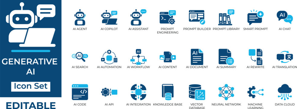 Generative AI, machine learning, and prompt engineering vector icon set. Editable artificial intelligence symbols for UI UX, tech, and automation.