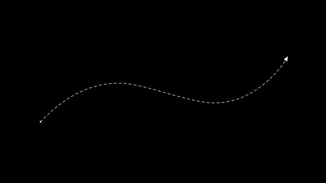 Animated dashed route line leading to map pin location on background.Navigation path with arrow and destination. travel up road animation.
