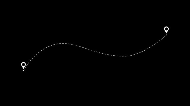 Animated dashed route line leading to map pin location on background.Navigation path with arrow and destination. travel up road animation.