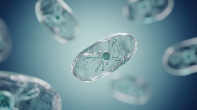 Close-up 3D illustration of microscopic single-celled protozoa floating in a fluid environment.