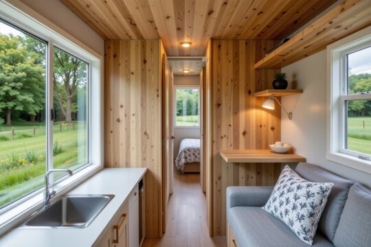 Cozy tiny house interior with wood paneling, kitchen sink, sofa, and natural light from windows.