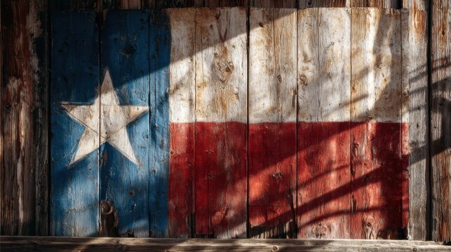 Old wooden wall displays a Texas flag painted in blue, white, and red colors near a shadowy area in the afternoon light