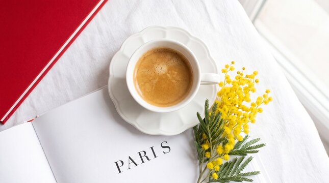 Coffee cup on book with yellow flowers with cup coffee white saucer resting book PARIS page red book accompanied relaxation beverage reading morning leaves with travel