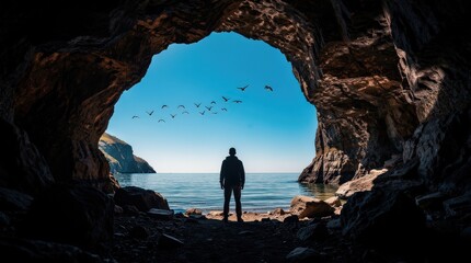 Fototapeta premium A person stands at the mouth of a rocky cave, overlooking a calm sea with birds flying under a clear blue sky.