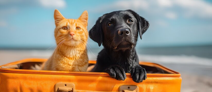 A cat and a dog inside a suitcase with a beach background. Summer vacation travel concept with pets.