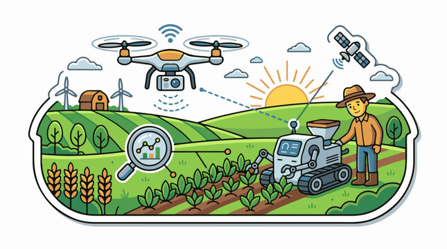 Modern farm with drone robot farmer and satellite