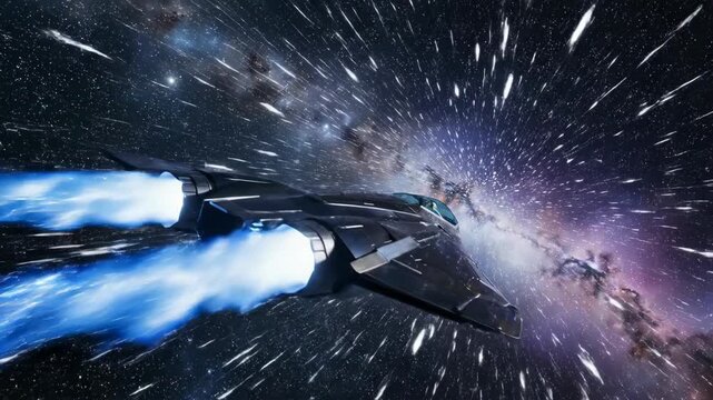 Futuristic spacecraft traveling at warp speed through a nebula and starfield.