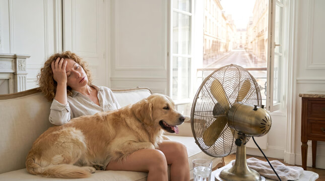 Exhausted woman and her golden retriever dog suffering from extreme summer heat wave sitting on sofa in front of electric fan, global warming and pet care concept