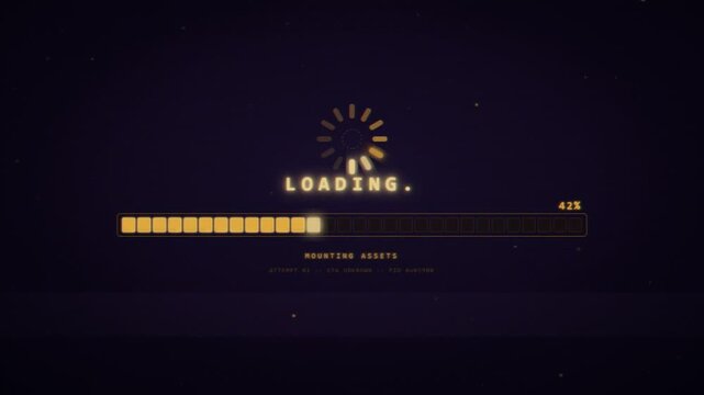 Retro computer loading screen with spinning progress wheel and processing data text