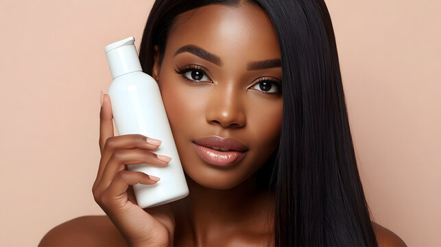 portrait of a Black woman with long silky black hair holding a blank white cosmetic shampoo bottle beside her face