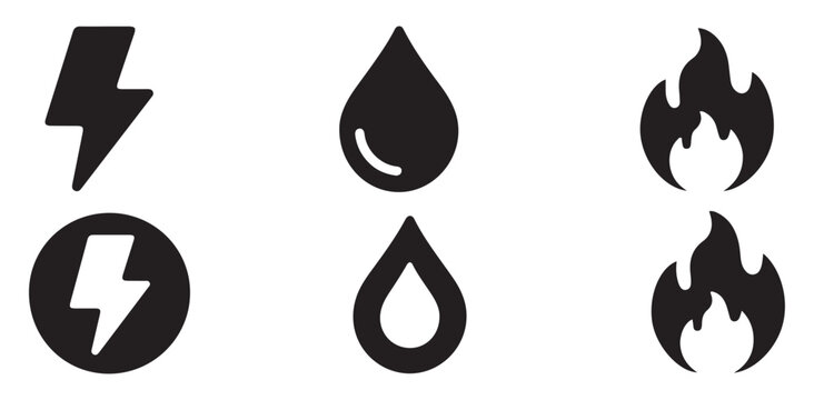 Set of energy icons, lightning bolt and flame symbols, water drop icons on transparent background, vector.