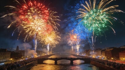 Spectacular Fireworks Display Over City River and Bridge at Night