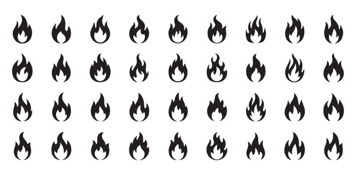 Collection of fire flame icons single symbols isolated on transparent background hot burning heat energy.