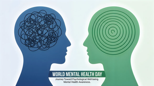 Two human heads representing mental health awareness with chaotic thoughts and calm organized mind