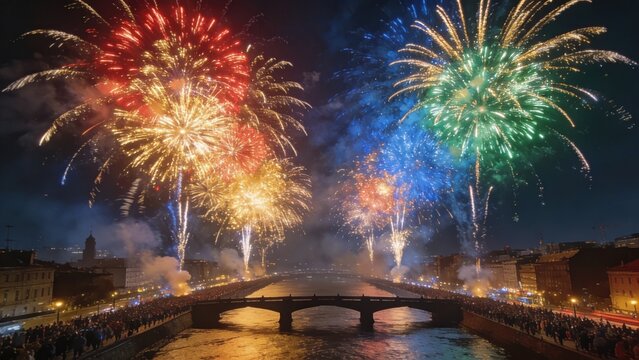 Spectacular Fireworks Display Over City River and Bridge at Night