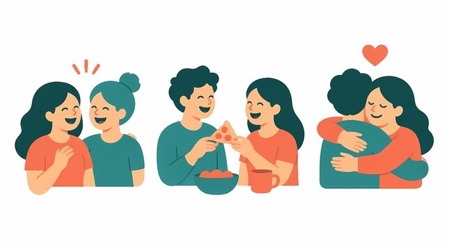 People laughing, sharing pizza, and hugging, showcasing friendship, romance, and emotional connection in a flat vector design style.