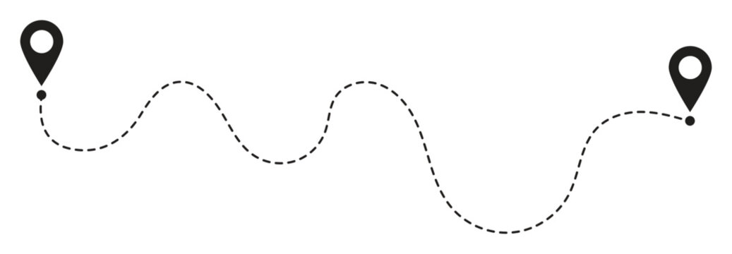 Route icon between 2  points with dotted path and location pin. Long dashed hand drawn squiggle. Vector illustration.