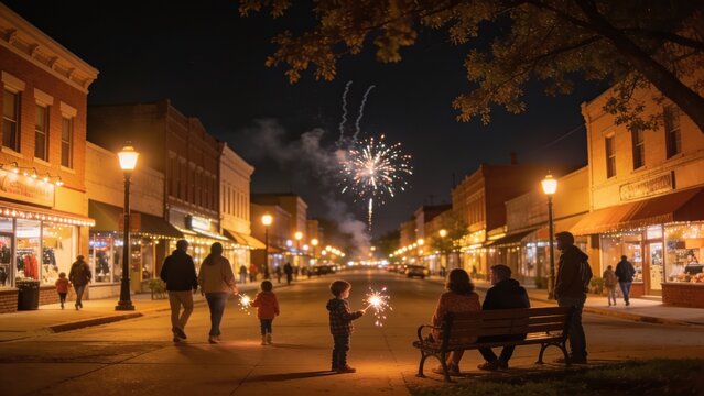 Small Town America Celebrates with Fireworks and Sparklers at Night