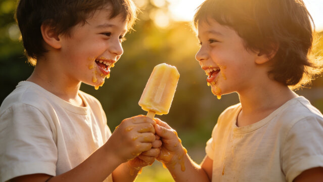 Happy kids sharing popsicle, summer fun, laughing outdoors