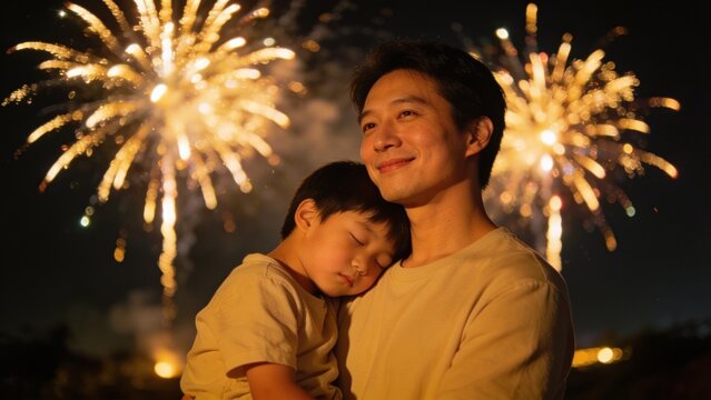 Father holding sleeping son watching fireworks celebration at night