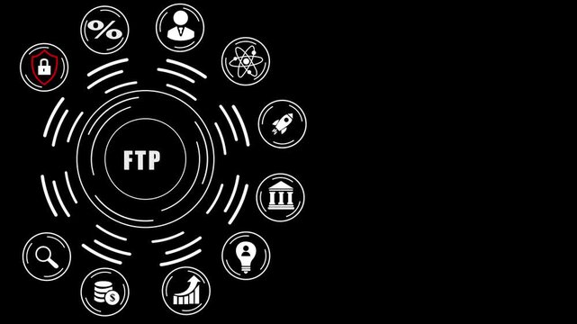 FTP concept diagram with icons representing data transfer and business on a digital dot background, background.4k Animation,4k digital motion video..