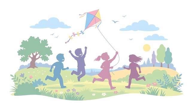 Joyful children running and playing together in a vibrant green park, flying a colorful kite on a sunny day, depicting carefree childhood memories and outdoor fun.