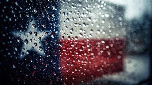 Raindrops on glass showing Texas flag in the background during a rainy day