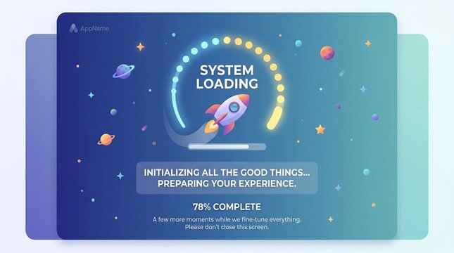 Colorful System Loading Interface with Rocket Icon on Gradient Space Themed Screen