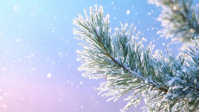 Snow covered pine branch against blue sky