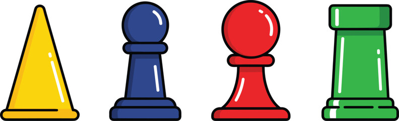 Colorful Board Game Tokens and Chess Pieces Vector Icon Set Featuring Yellow Cone, Blue Pawn, Red Pawn, and Green Rook for Gaming App Designs © Bijoy