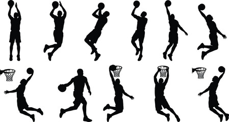 Basketball Player Silhouette Collection with Jump Shot Dunk Layup and Dribble Vector Set © urmilarani