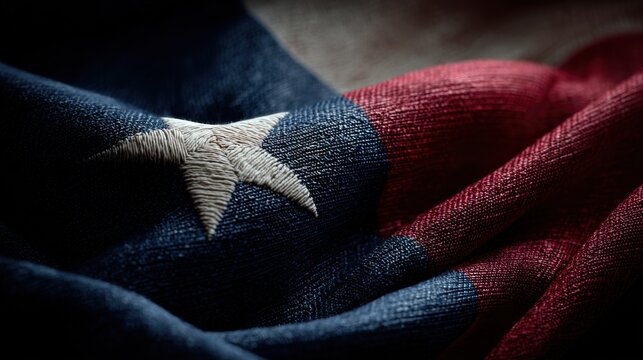 Texas flag detail shows star and fabric texture during daylight hours in Texas