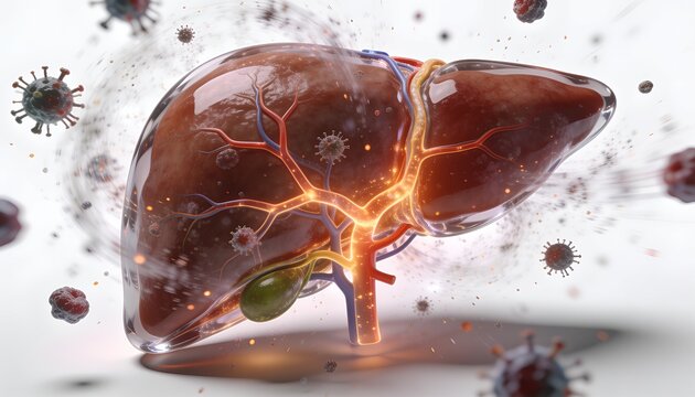 Scientific healthcare concept with transparent liver exposed to a swirling microscopic particle storm representing viral hepatitis infection on white background