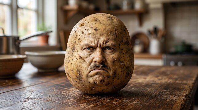 Close frontal view of potato with lifelike adult male face placed on worn wooden table in country kitchen, intense grumpy expression and detailed skin texture