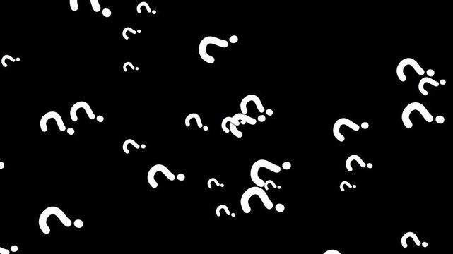 White question marks floating and scattering across a dark solid black space for logical inquiry themes